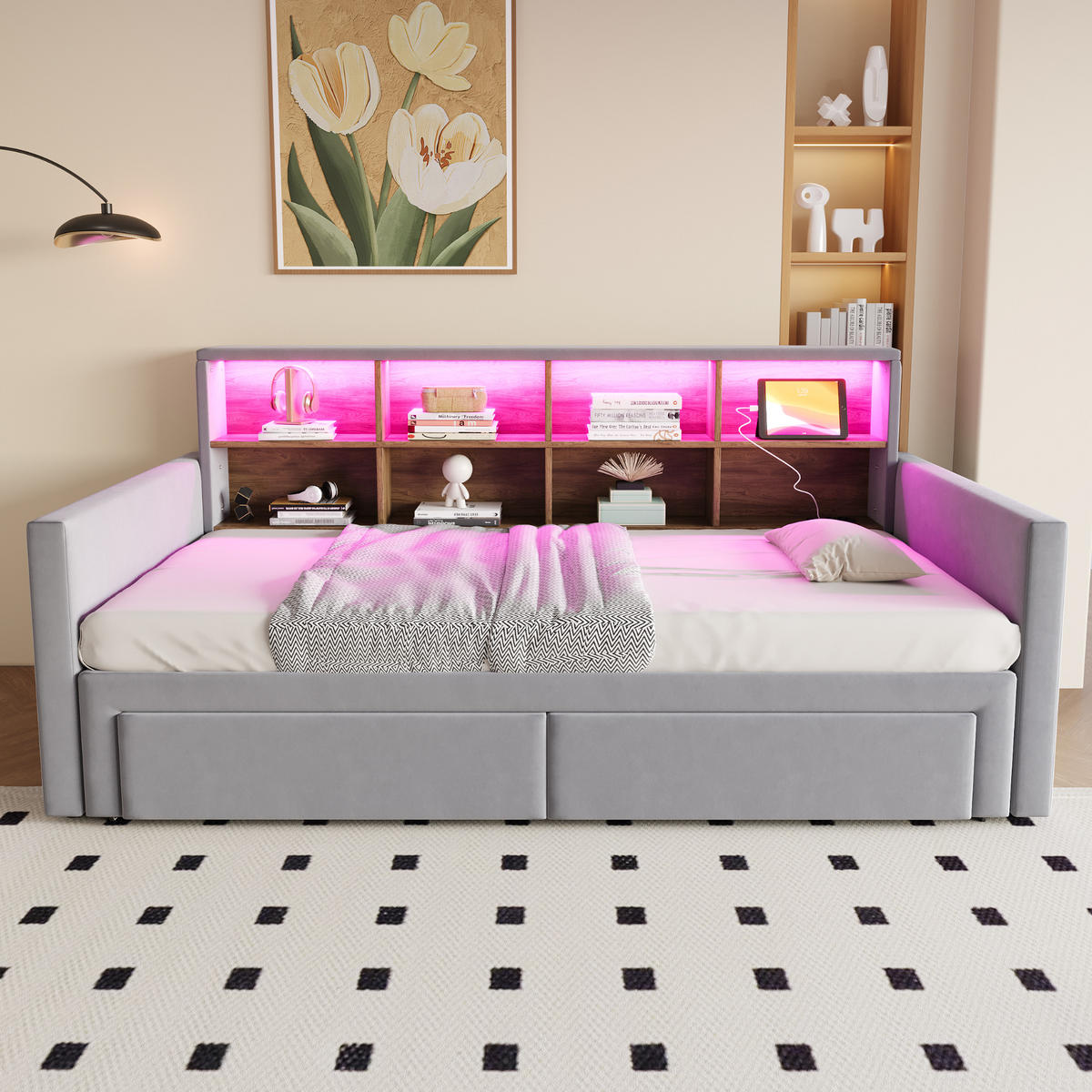 POLSTERBETT 90/190 cm Hellgrau aus Samt mit Stauraum LED-Beleuchtung und Ladeanschlüssen - Hellgrau, Textil (90/190cm) - OKWISH