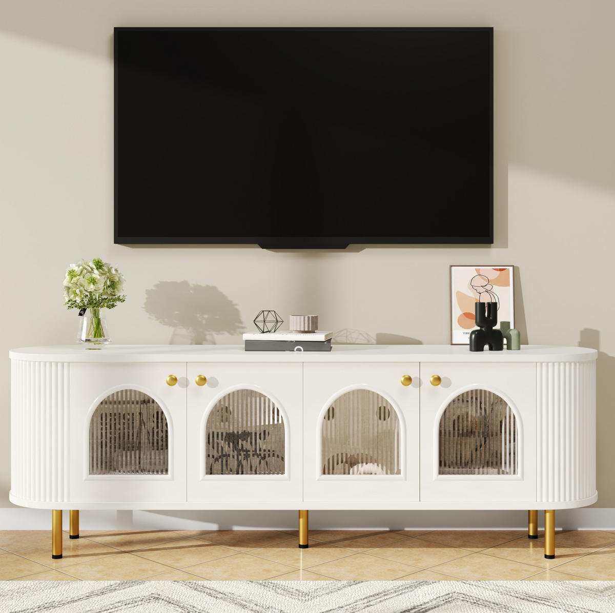 LOWBOARD 170/35/55 cm Weiß/Gold aus MDF mit 4 Glastüren - Weiß, Holzwerkstoff (35/55/170cm) - OKMYHOME