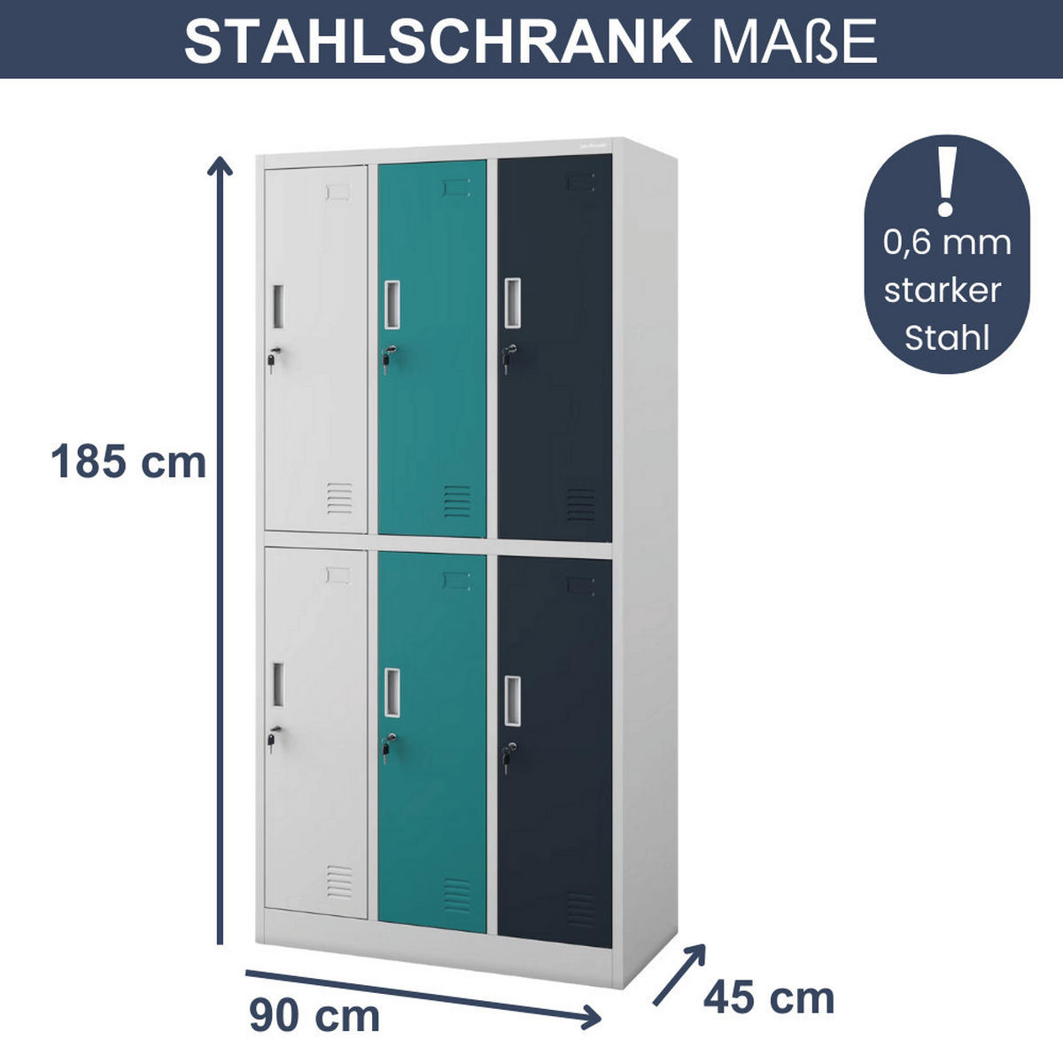 UMKLEIDESCHRANK Spind TOKIO 6 Abteile 185x90x45cm Grau-Blau-Anthrazit - Grau, Metall (90/185/45cm) - DELUKE