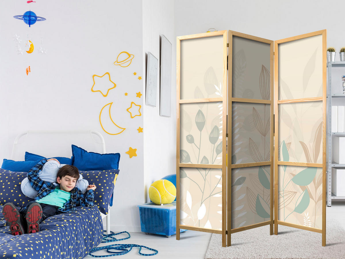 PARAVENT Japanischer 3-tlg 135x172 cm Boho Pflanzen - Beige, Holz/Textil (135/172/3cm) - Muralo