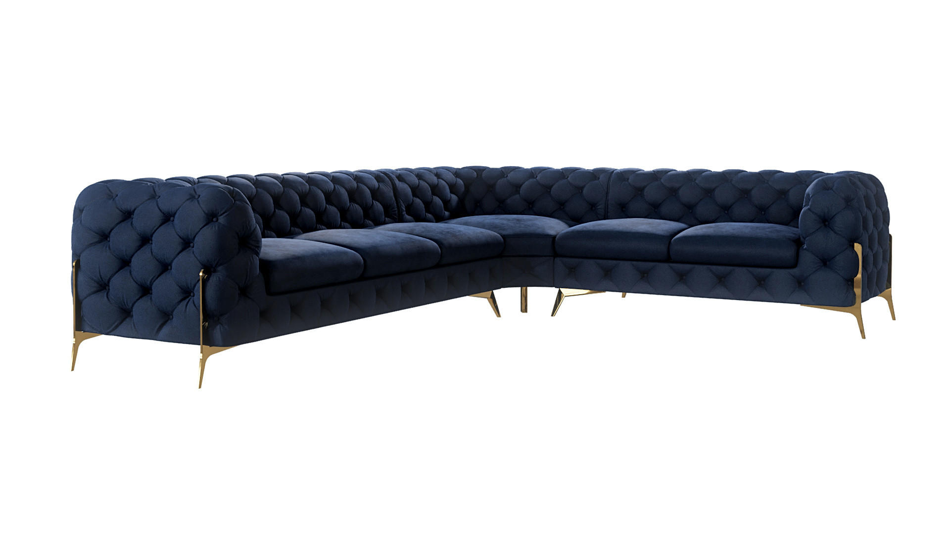 S-Style CHESTERFIELD ROHOVÁ SEDAČKA Lexi z námořnicky modrého sametu se zlatými nohami - otoman vpravo