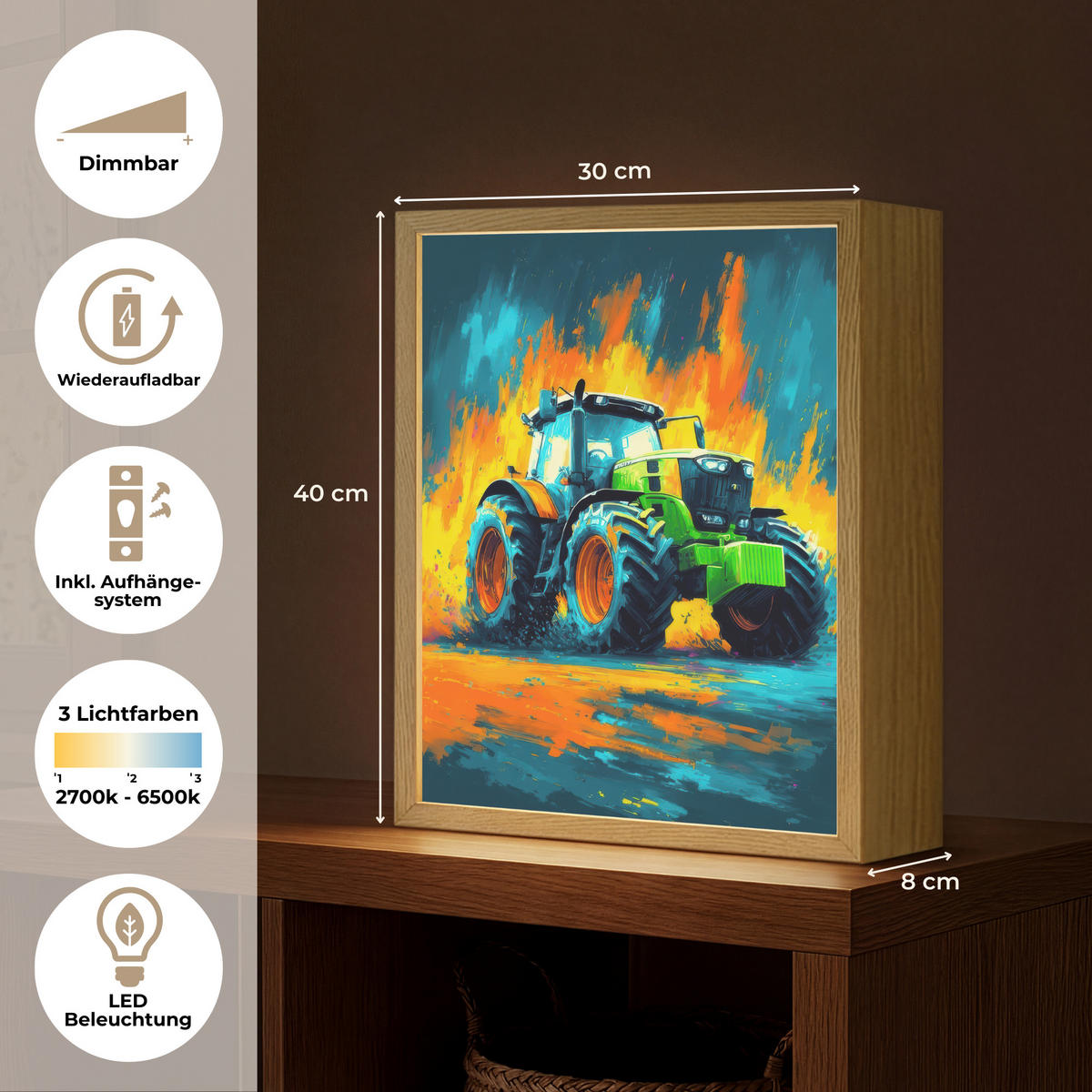DOBÍJECÍ NOČNÍ LAMPIČKA Abstrakt - Traktor - Zelený 30x40 cm - tmavě modrá, kompozitní dřevo (8/30/40cm) - OnlyWow