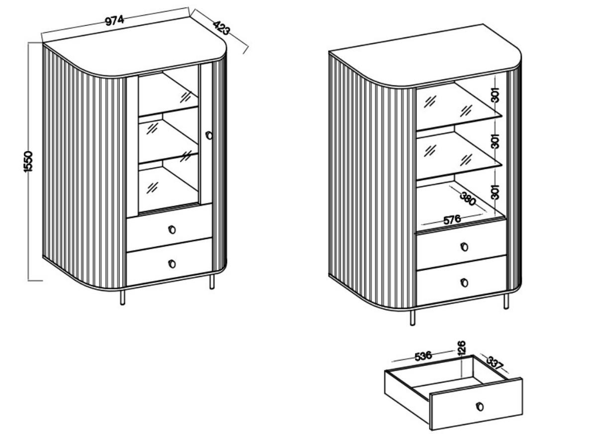 VITRINE Olivia 97 cm, mit Glastüren, 2 Schubladen und geriffeltem Design, dunkelbraun und schwarzfarbenen Metallfüßen - Dunkelbraun, Metall (97/155/43cm) - Margaret Hadas24