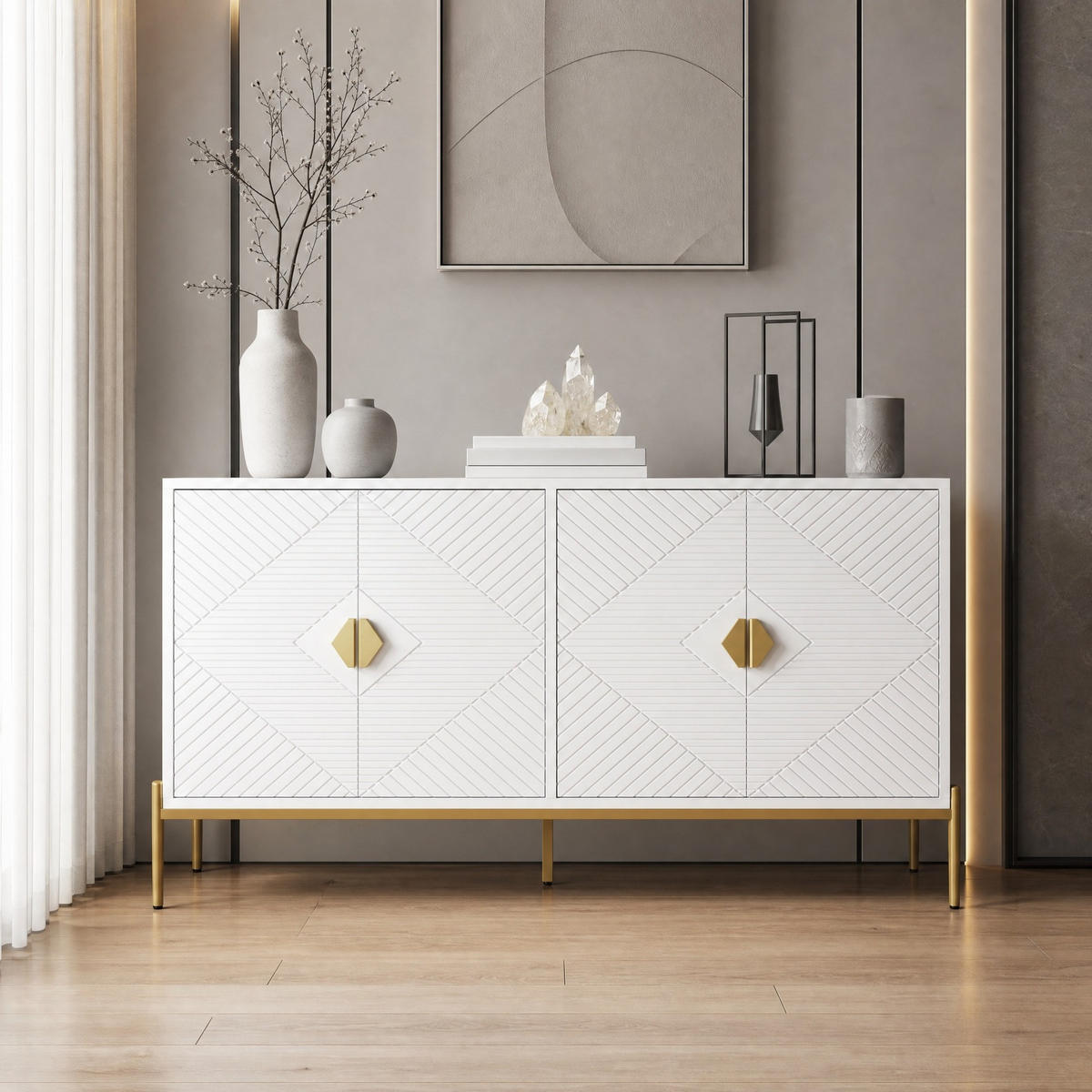 KUCHYŇSKÁ SKŘÍŇ bílá a zlatá, 4 dvířka, kovové úchytky, do obýváku, předsíně a jídelny, 162×40×80 cm - bílá/zlatá, kov/kompozitní dřevo (162/80/40cm) - STILVORA