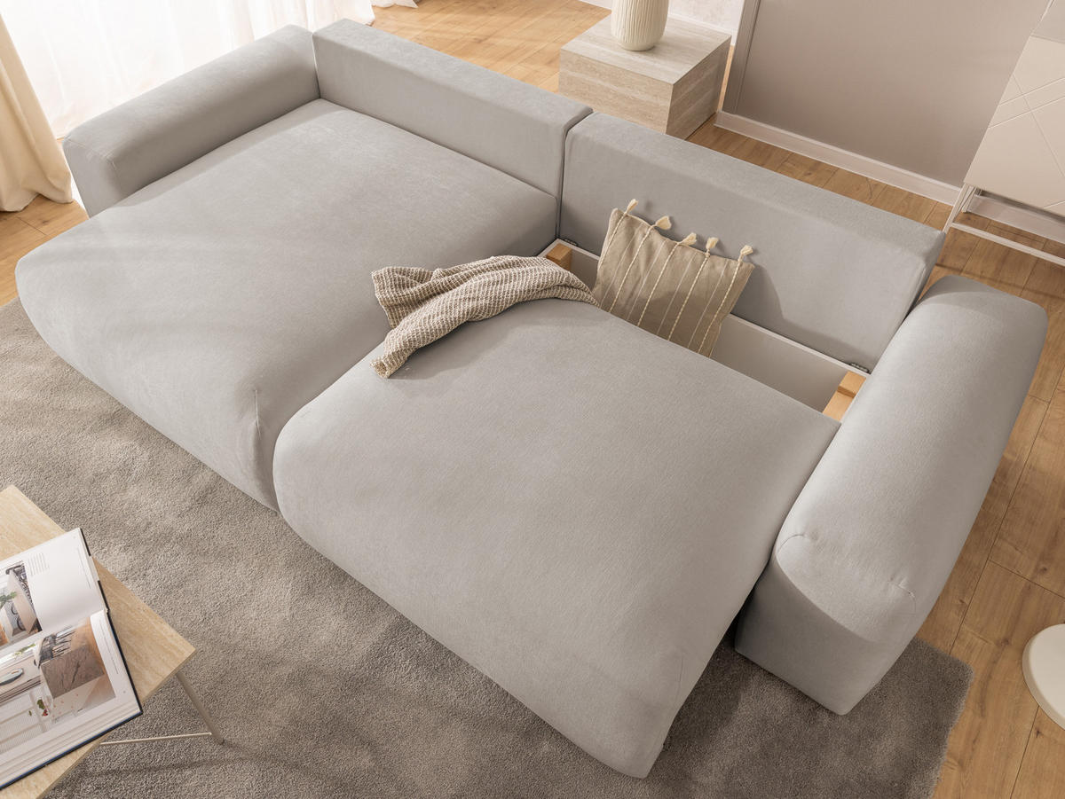 ECKSOFA Puffy mit Schlaffunktion und Bettkasten - besonders weich und puffig aus Beige Webstoff - Ottomane links - Beige/Schwarz, Holz/Kunststoff (138/266cm) - S-Style Möbel