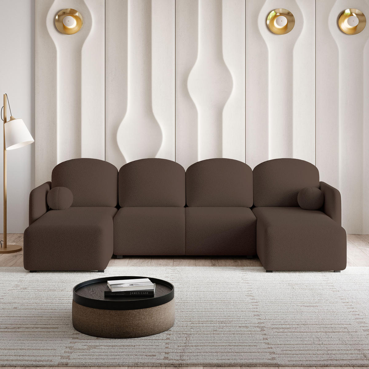 ROHOVÁ SEDAČKA NUBERO hnědá - šedá/hnědá, dřevo/textil (285/143cm) - MASSENO