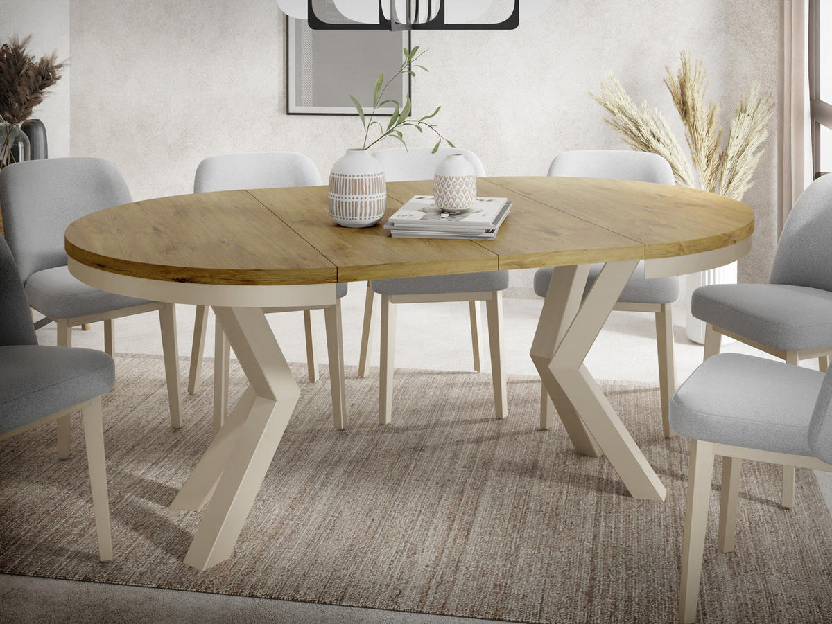 ESSTISCH Clara Beige Cashmere runder ausziehbarer, Lancelot Eiche 100-180/100/76 cm - Kaschmir/Eichefarben, Holzwerkstoff/Metall (100/100/76cm) - WFL GROUP