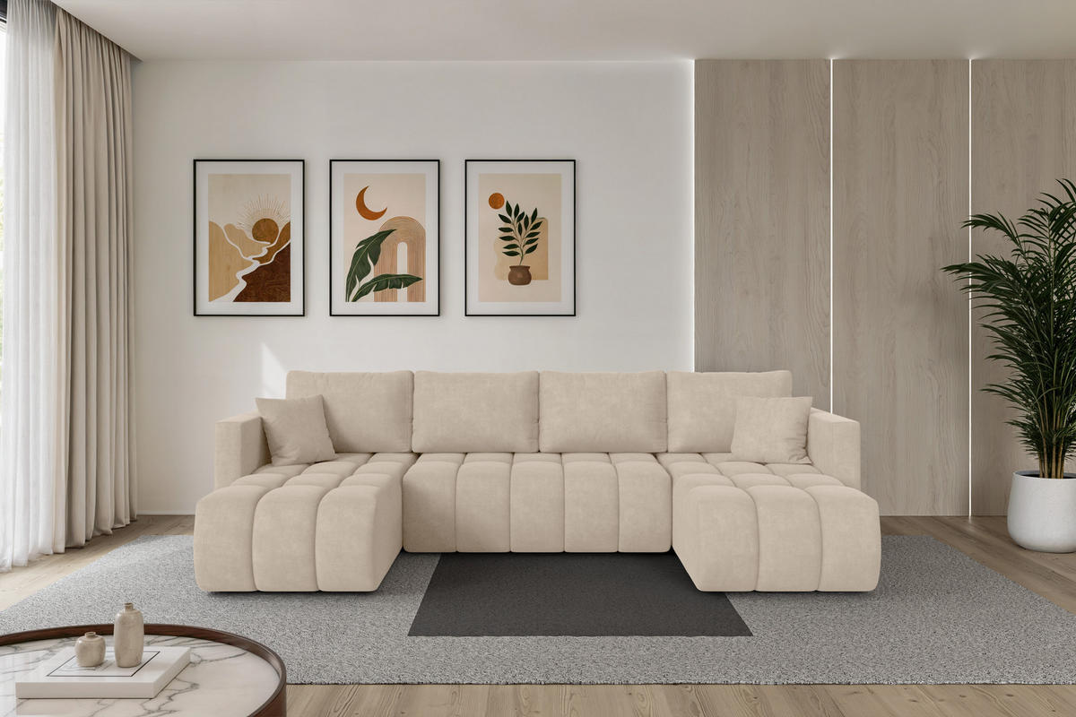 SEDACÍ SOUPRAVA DO U s funkcí spaní a úložným prostorem GARD-U 300x146x85 béžová velur - černá/Sahara, kompozitní dřevo/textil (300/85/146cm) - ALTDECOR