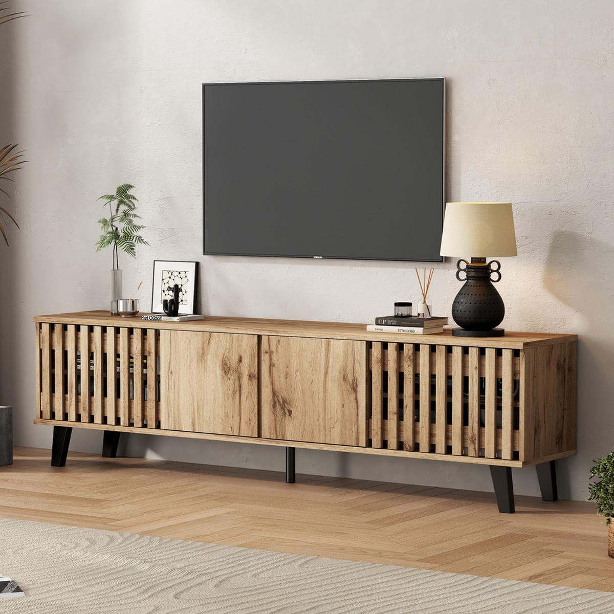 TV-SCHRANK 180x40cm Lowboard Naturholz 8 Fächer bis 70 Zoll - Braun, Holz (45.72/14.94/108.28cm) - FLIEKS