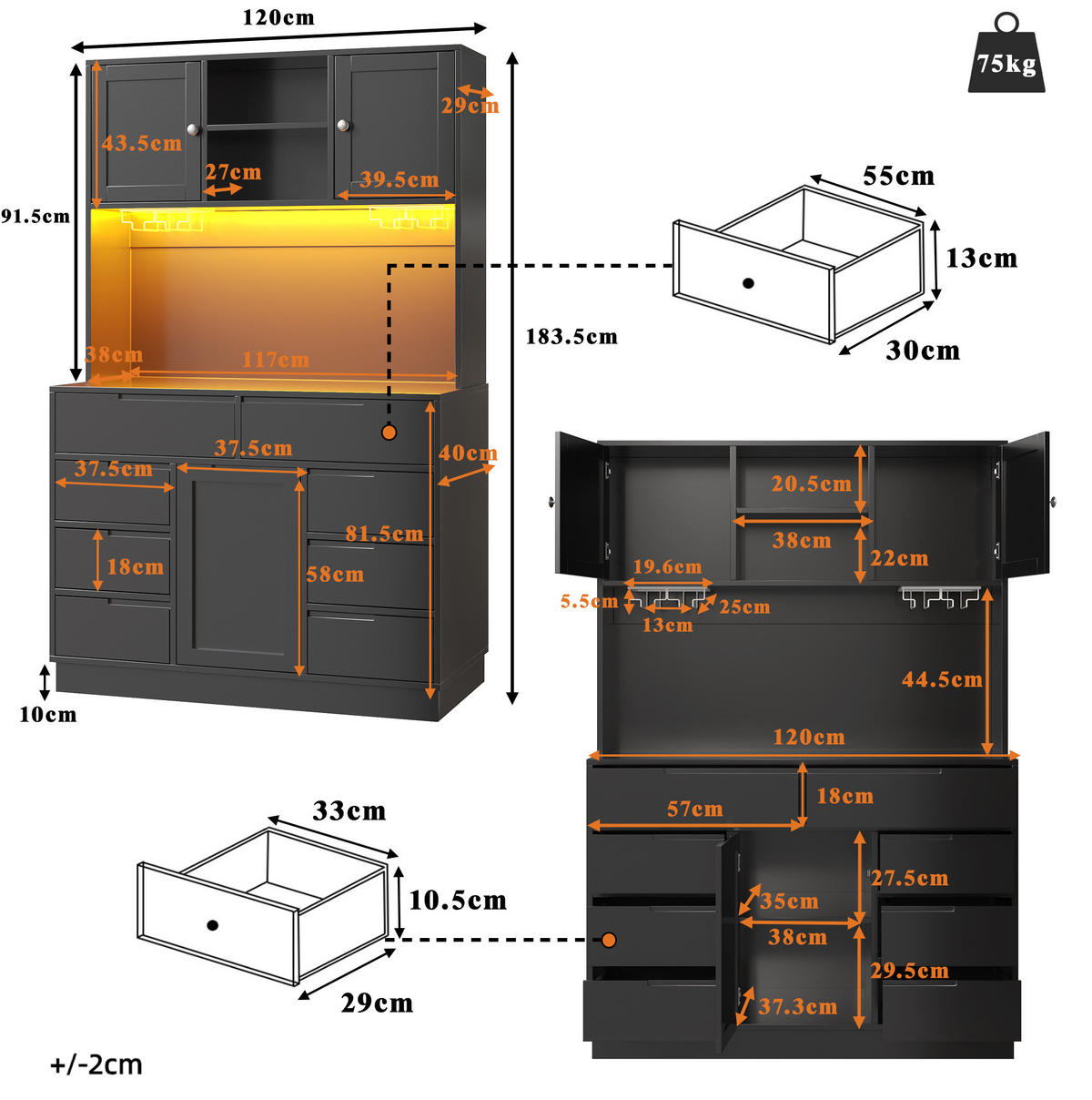 HOCHSCHRANK mit LED-Beleuchtung 120 x 40 x 183,5 cm MDF Schwarz - Schwarz, Holzwerkstoff (40/183.5/120cm) - Meubliv