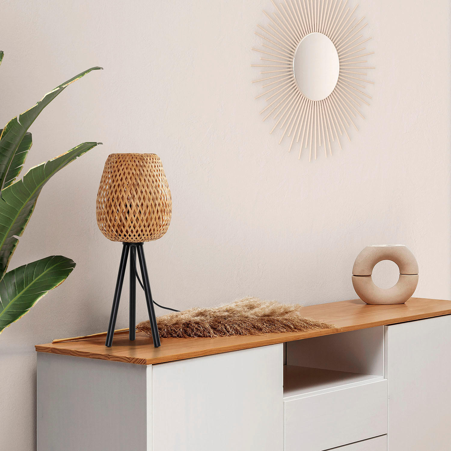 Thumbnail - VS Venta-stock Tischleuchte, Beige, Naturmaterialien, Rund,Rund, 44x44x44 cm, Lampen & Leuchten, Innenbeleuchtung, Tisch...