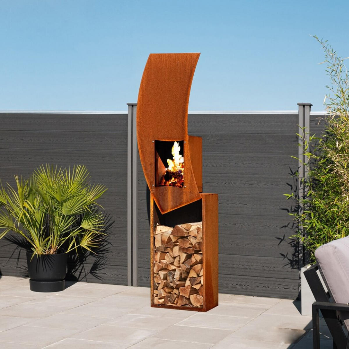 GARTENKAMIN mit Holzlager SWING - Made in Germany - Orange, Metall (60/220/35.5cm) - Home Deluxe