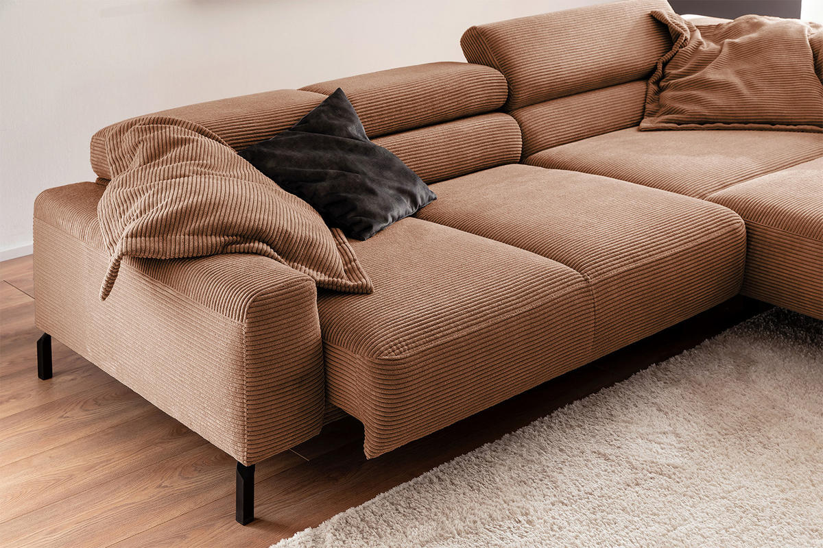 ECKSOFA MIT MOTORISCHEM SITZVORZUG DELIA Braun Cord - Dunkelbraun/Schwarz, Textil/Metall (312/219cm) - KAWOLA