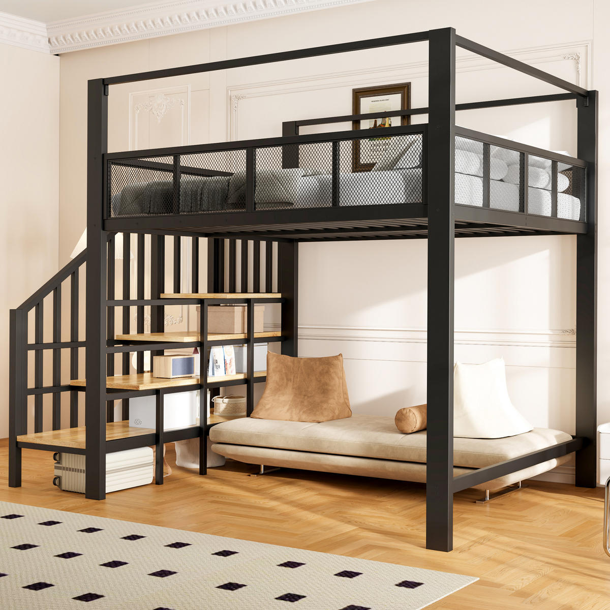 HOCHBETT Schwarz 140×200cm mit Baldachin, Stauraumtreppe und freier Arbeitsfläche unter dem Bett - Schwarz, Metall (140/200cm) - Luhomfu