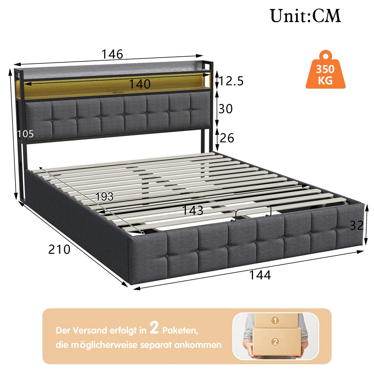 POLSTERBETT 140x190 cm LED Bettkasten USB Steckdose grau - Grau, Holz (140/190cm) - LEBENLANG