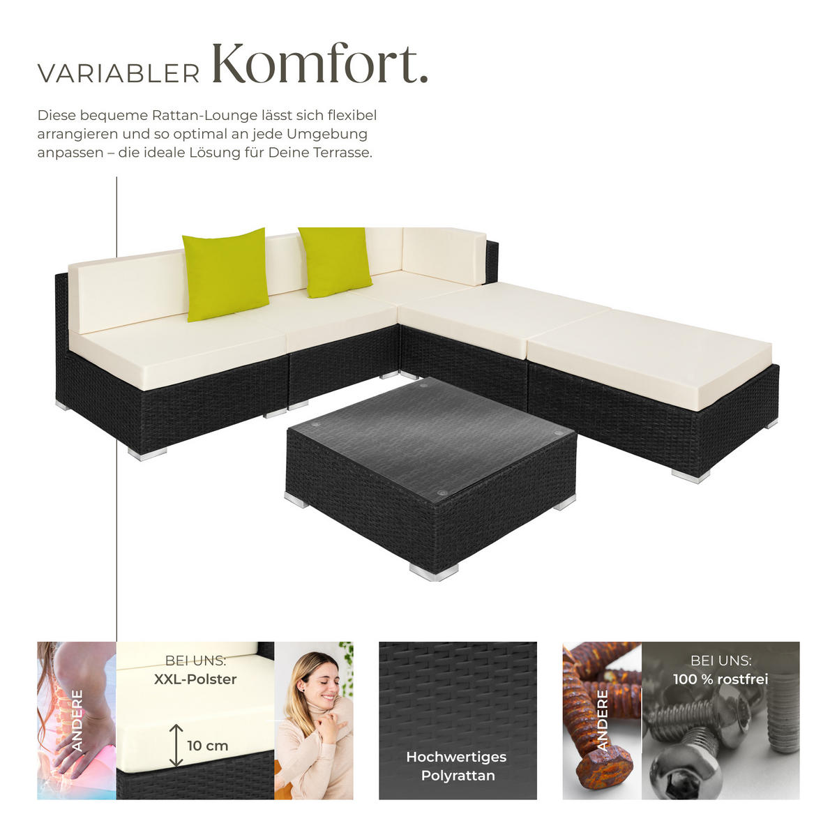 RATTANLOUNGE Paris,mit Sicherheitsglasplatte,schwarz - Schwarz, Kunststoff - tectake