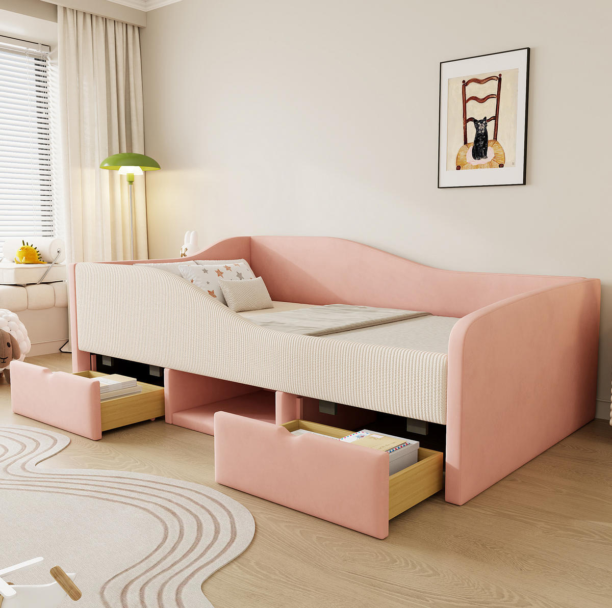 POLSTERBETT aus Samt 90x190 cm Rosa/Cremeweiß mit Schutzgitter, 2 Schubladen und Stauraum - Rosa, Textil (90/190cm) - Modfu