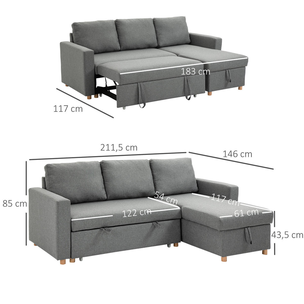 ECKSOFA Grau mit Schlaffunktion und Bettkasten - Grau, Textil (211.5/146cm) - PANGIVO