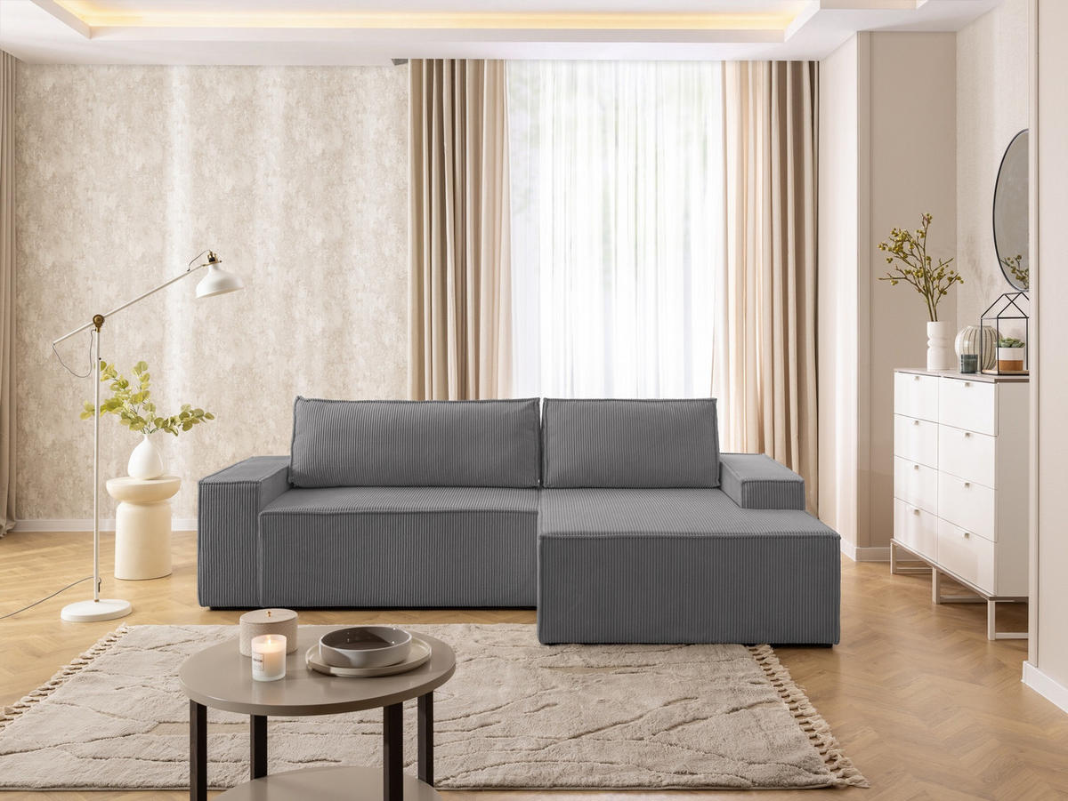 ECKSOFA Rivio mit Schlaffunktion und Bettkasten, Cordstoff Grau - Schwarz/Grau, Holz/Kunststoff (262/149cm) - S-Style