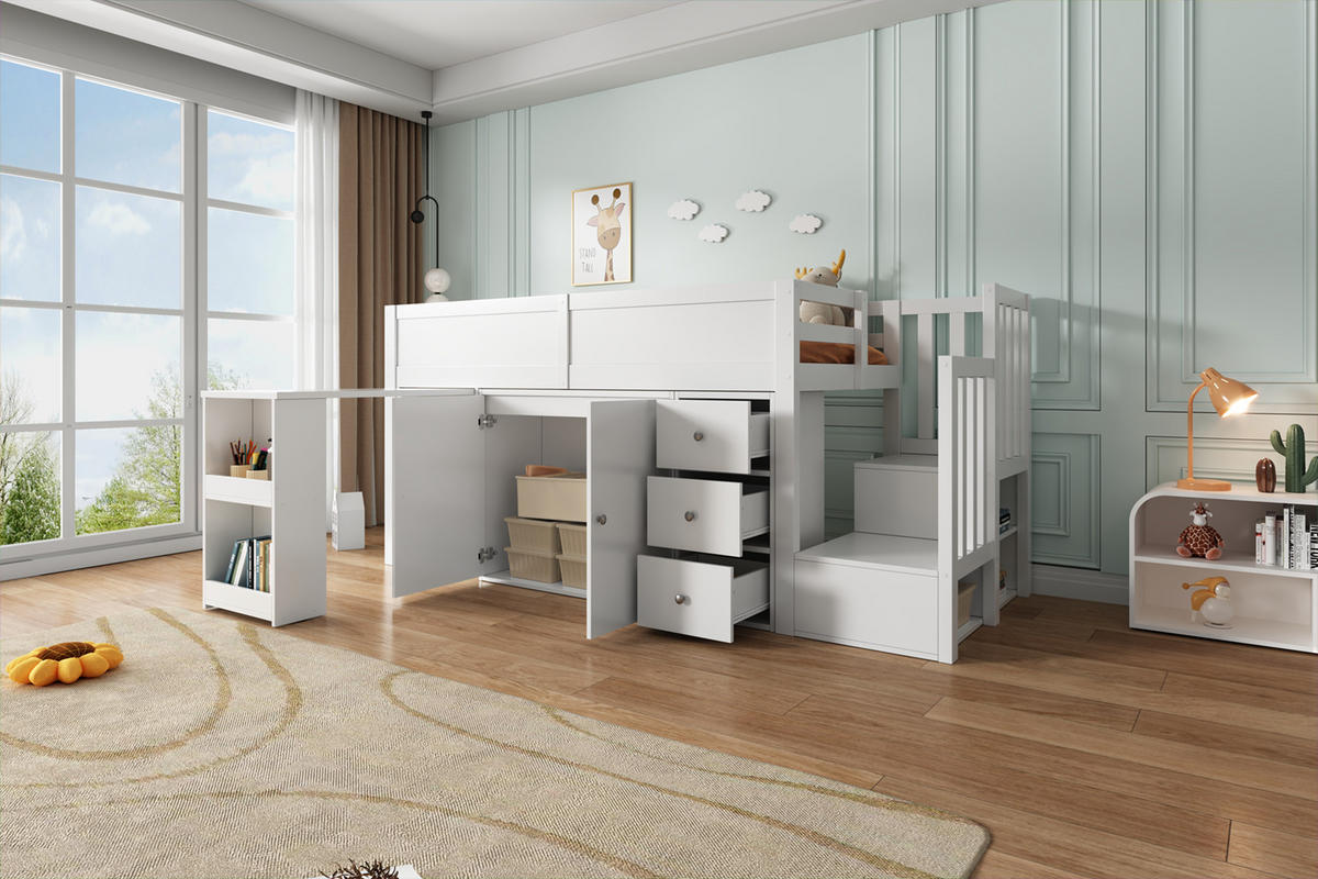 HOCHBETT 90/200 cm in Weiß mit Schreibtisch, Schrank und Schublade MDF - Weiß, Holzwerkstoff (90/200cm) - CHICFURN