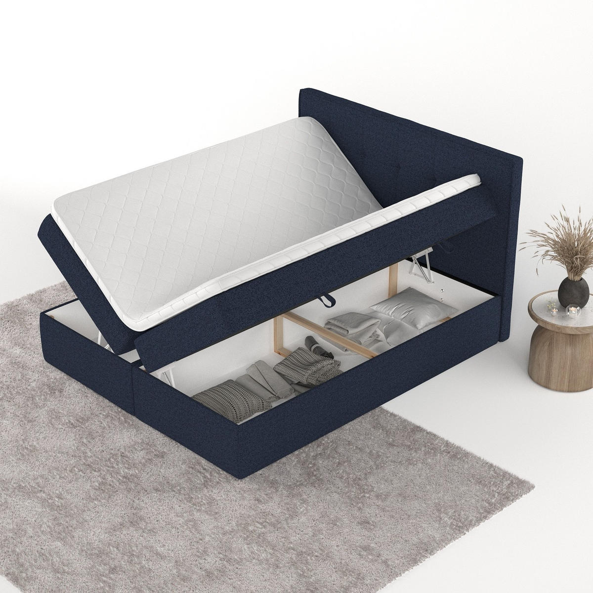 BOXBETT Mireo 140/200 cm Marineblau im Riva Stoff - Schwarz/Dunkelblau, Holz/Holzwerkstoff (140/200cm) - AltaBeds