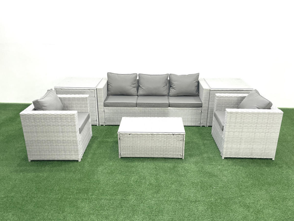 GARTENMÖBELSET mit 3-SITZER SOFA,COUCHTISCH Polyrattan Hellgrau-Mix 5-Sitzer - Hellgrau/Grau, Glas/Kunststoff - Fimous