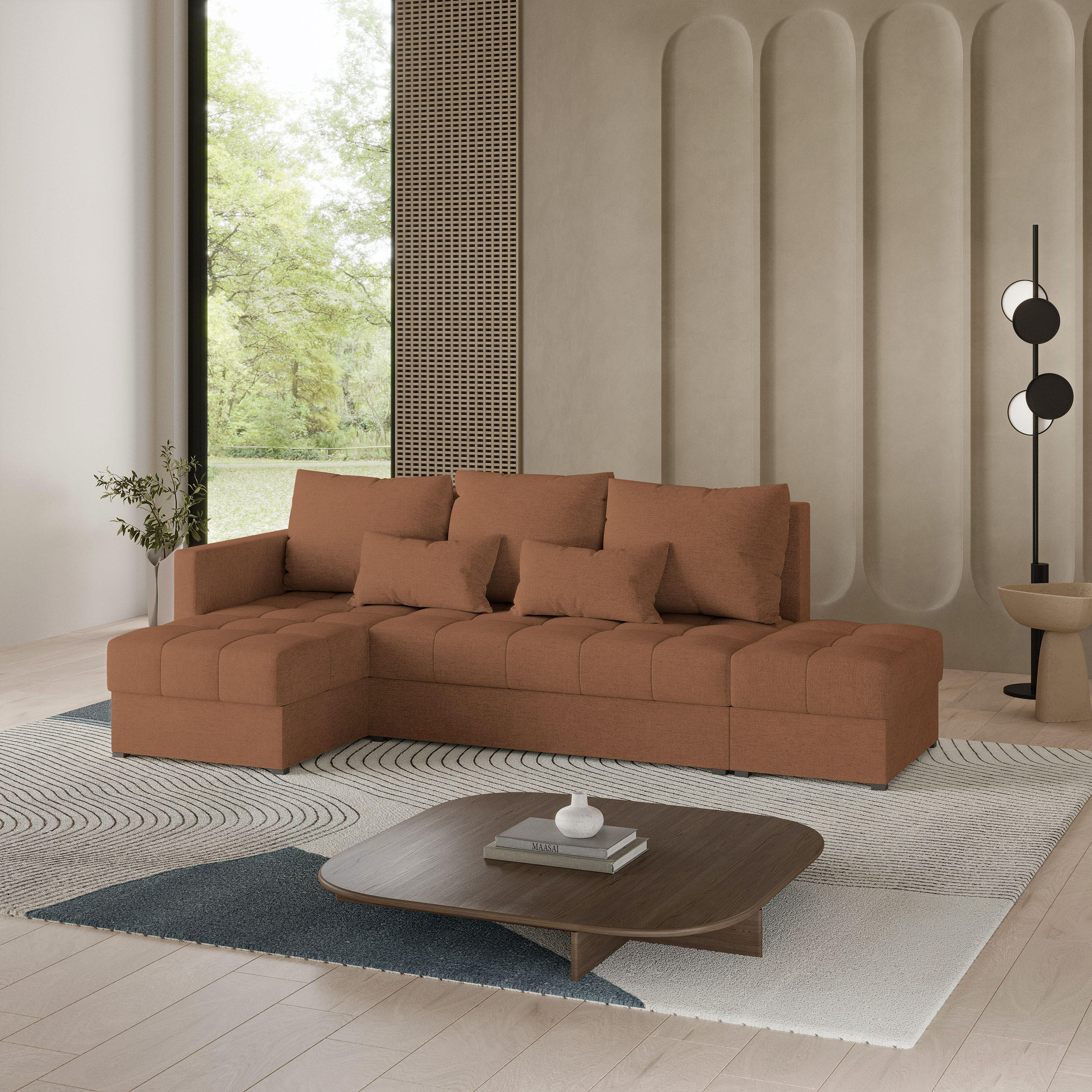ECKSOFA LUMARI L-S Kupferfarben Plüsch-Stoff mit Schlaffunktion - Kupferfarben, Holz (262/143cm) - MASSENO