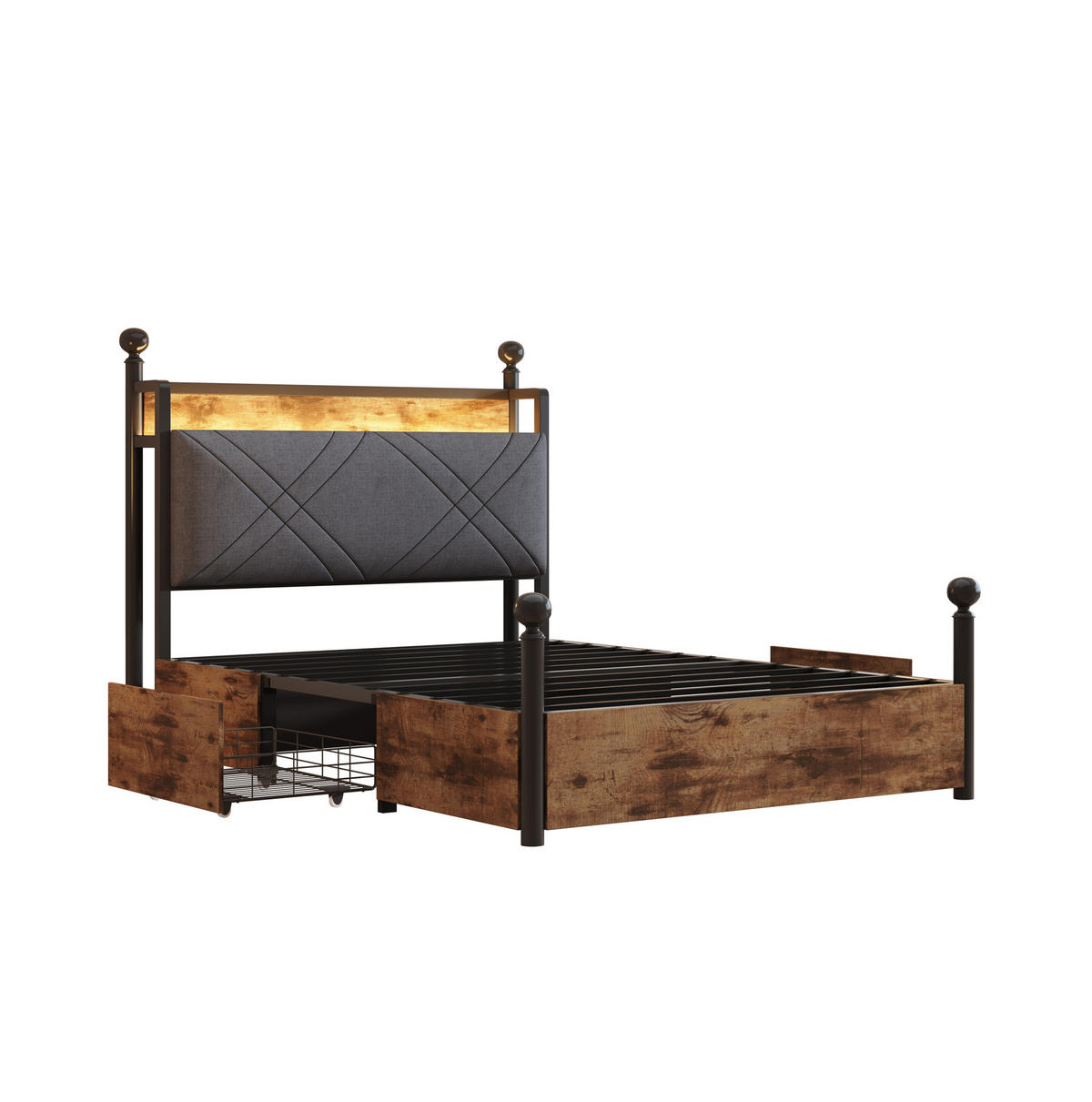 KOVOVÁ postel 90/190 cm s odnímatelným baldachýnem, LED osvětlením, USB a USB-C porty a úložným prostorem, Černá - černá, kov (90/190cm) - Redom