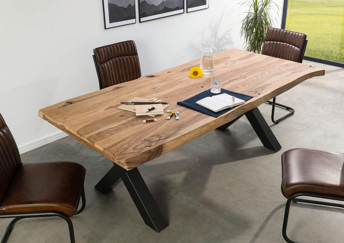 BAUMTISCH Sheesham 260x100x77 natur sandgestrahlt / X-Beine anthrazit matt FREEFORM 5 - Anthrazit/Naturfarben, Holz (260/100/77cm) - Massivmoebel24