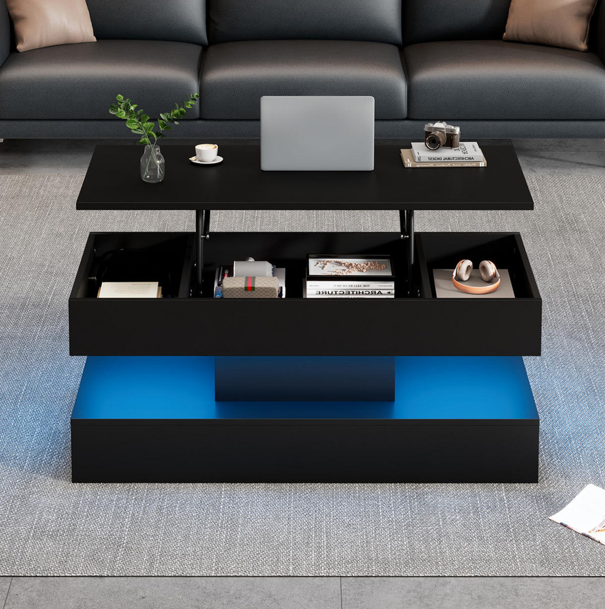 COUCHTISCH höhenverstellbar, Spanplatte schwarz, mit LED-App-Steuerung & Stauraum, 100/50/42 cm,schwarz - Schwarz, Holzwerkstoff (50/100/42cm) - Redom