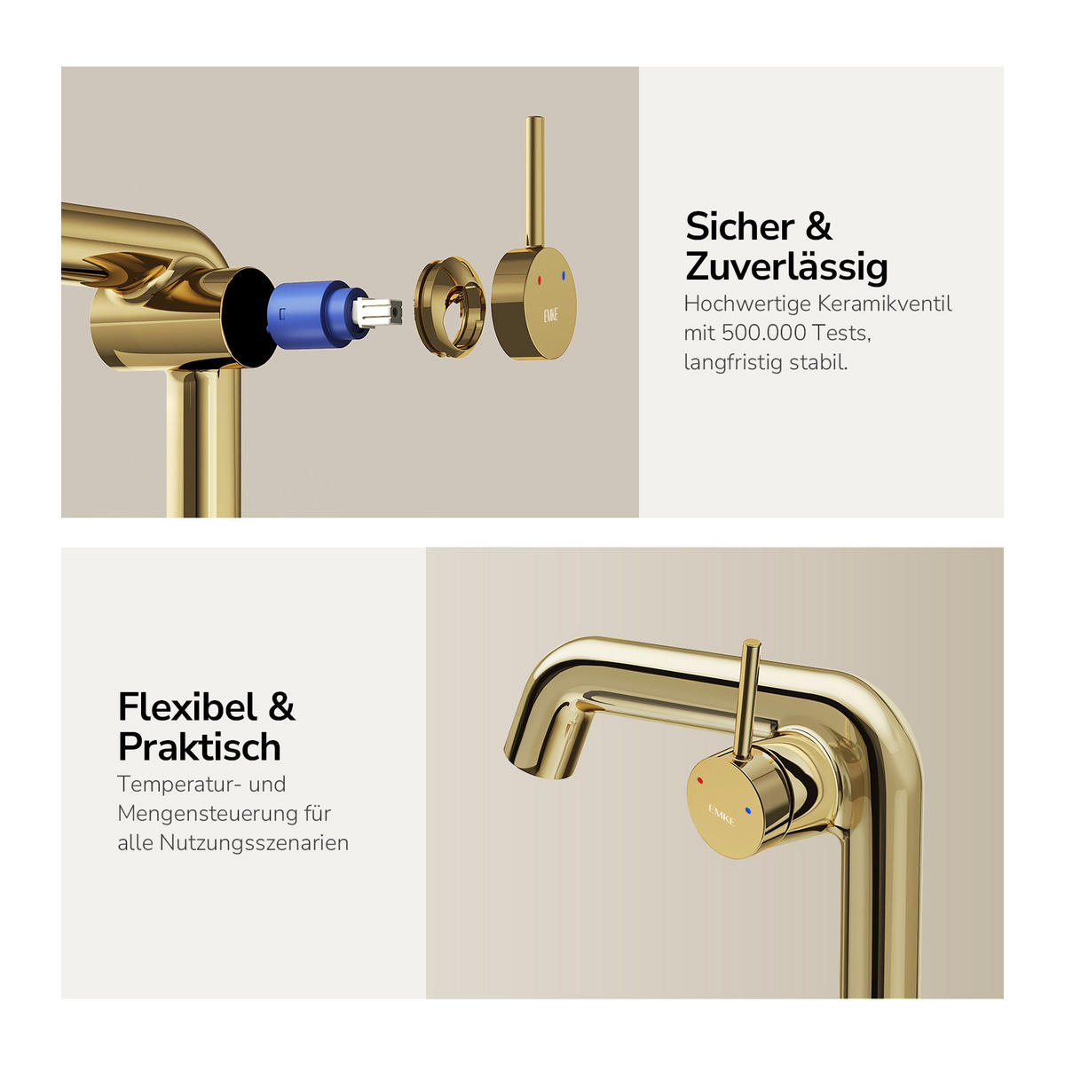 WASCHTISCHARMATUR Ventilkernzertifizierung Champagnergold 15cm - Goldfarben, Metall (20/7.6/22.2cm) - EMKE