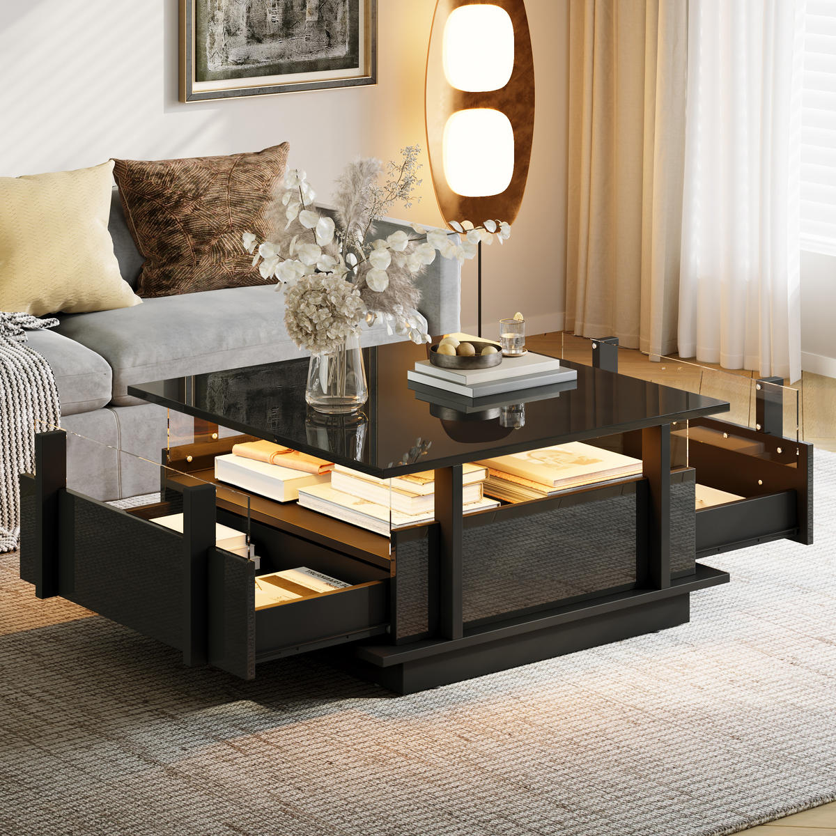 COUCHTISCH in Schwarz Sofatisch Hochglanz mit 2 Schubladen,LED & Acryl-Trennwand, Sofatisch für Wohnzimmer,B70/T70/H35cm - Schwarz, Holzwerkstoff/Metall (70/70/35cm) - STILVORA