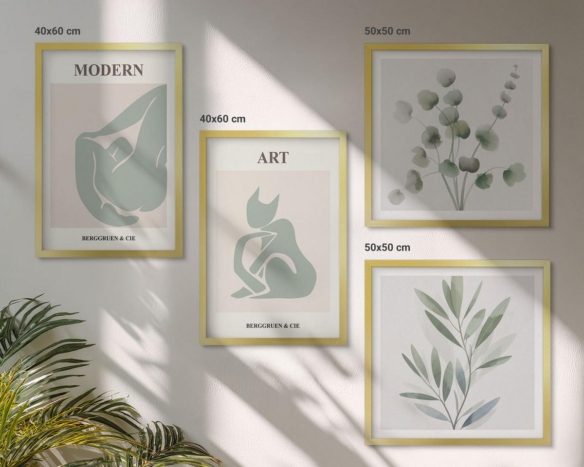BILDER SET 4er Set - 50x50 cm & 40x60 cm Goldrahmen - Pflanzenmotive, zartes Grün - Goldfarben, Kunststoff (50/50cm) - TULUP