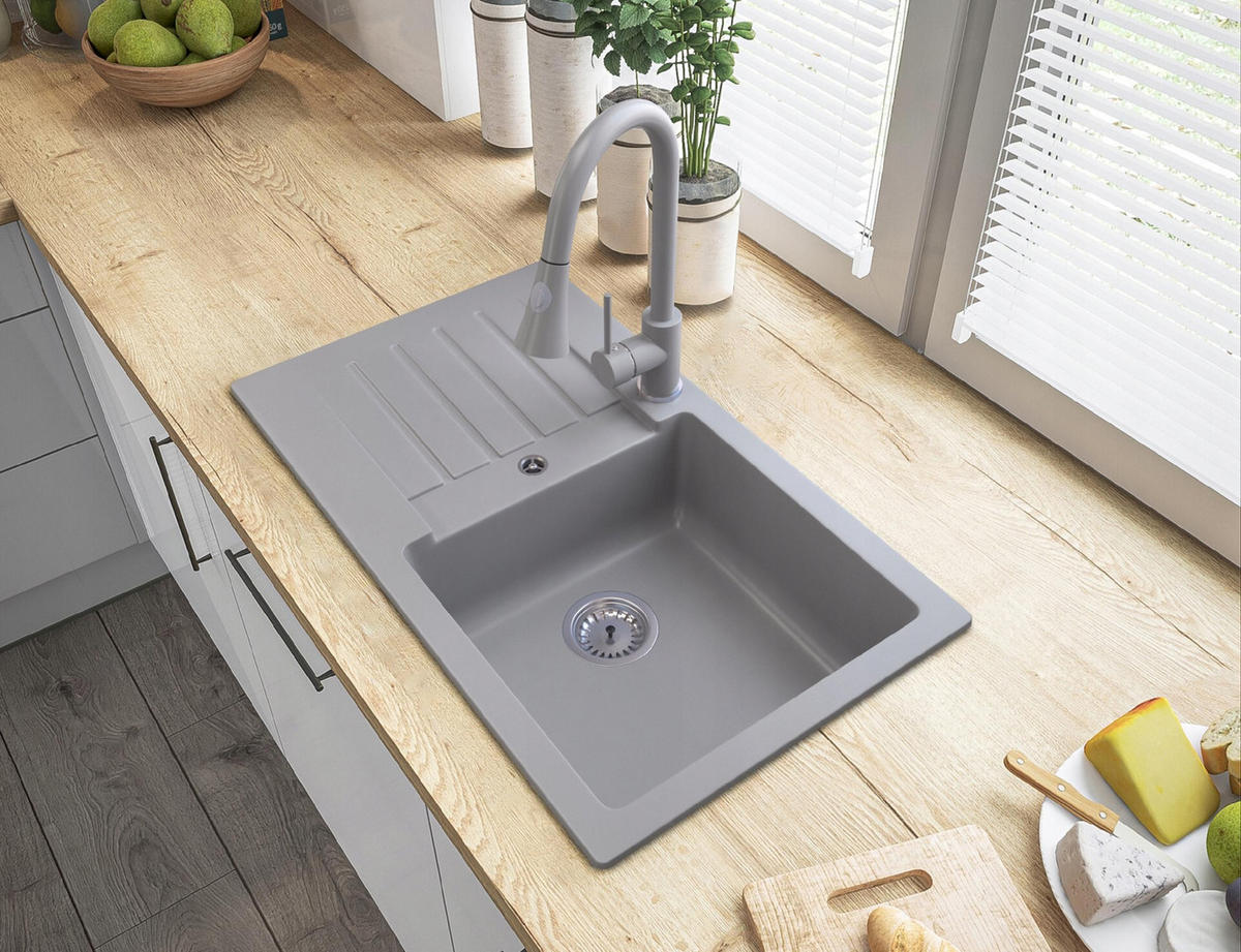 GRANITSPÜLE Trix mit Siphon Batterie - Grau, Kunststoff/Stein (76/44/16cm) - Granitan
