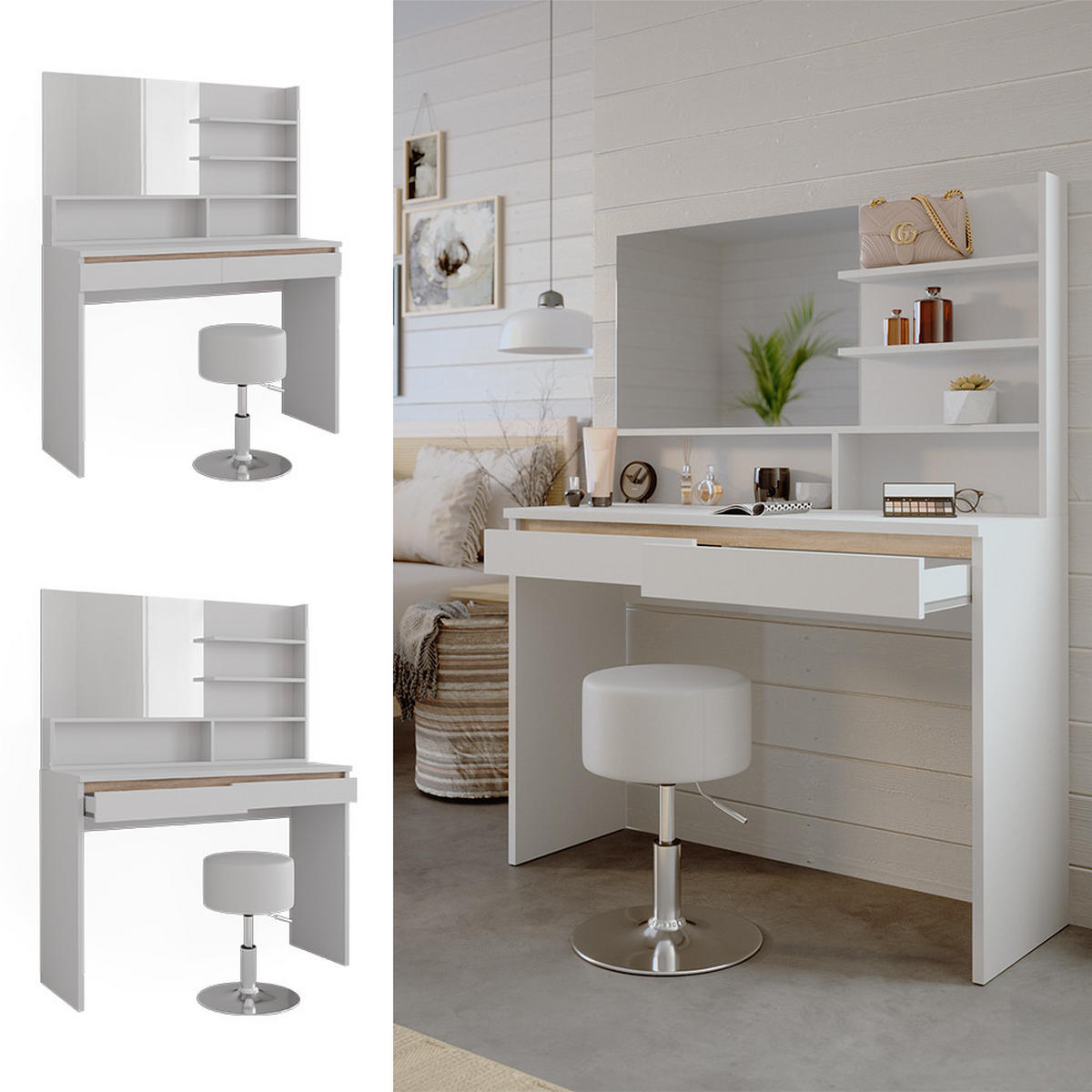 SCHMINKTISCH Emma Weiß 120 cm mit Spiegelregal & Hocker - Weiß, Holzwerkstoff (120/83/41.8cm) - Vicco