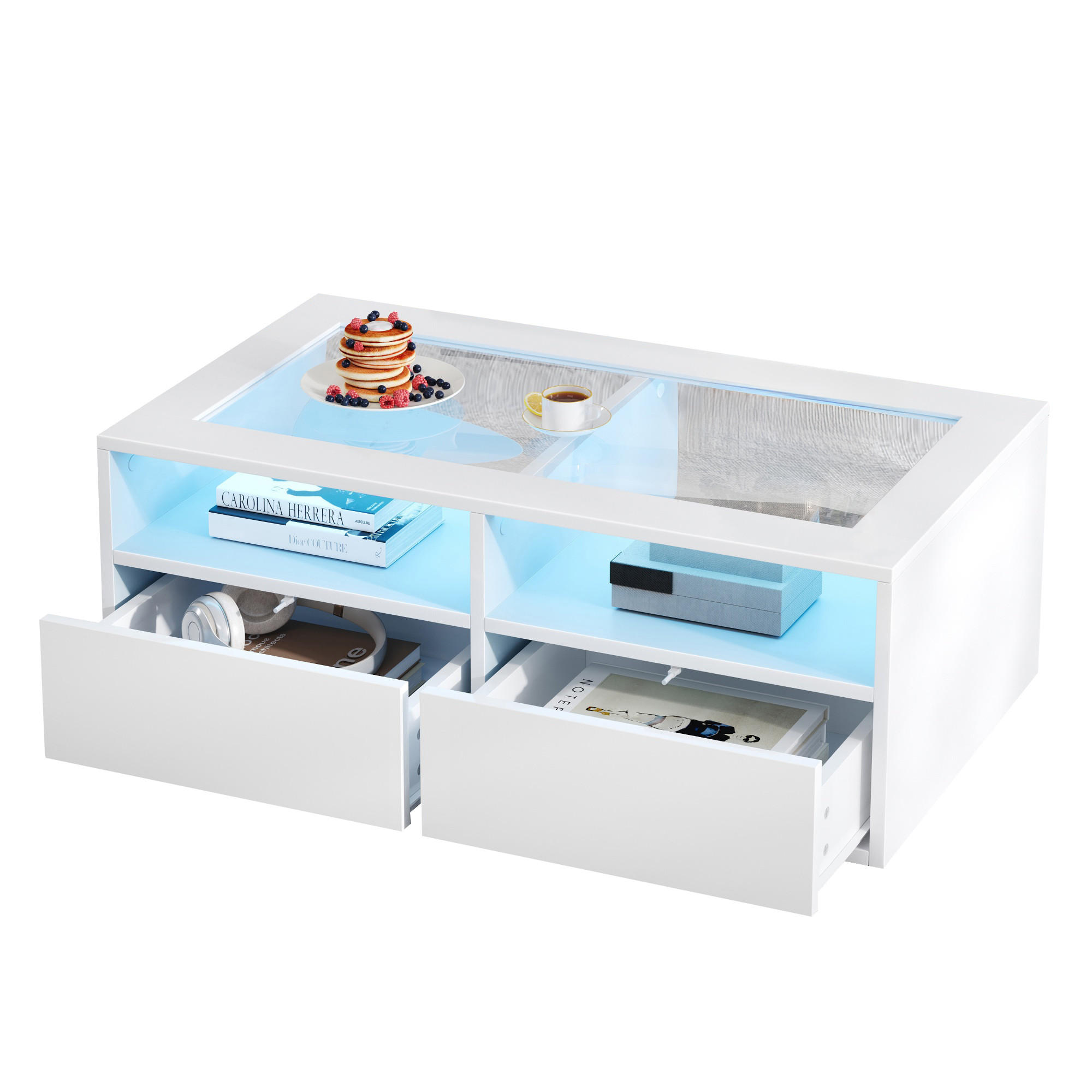 COUCHTISCH mit LED Beleuchtung Glasplatte USB Anschluss 2 Schubladen offene Fächer Spanplatte modern - Weiß, Glas/Holzwerkstoff (100/50/35cm) - EVRYAE