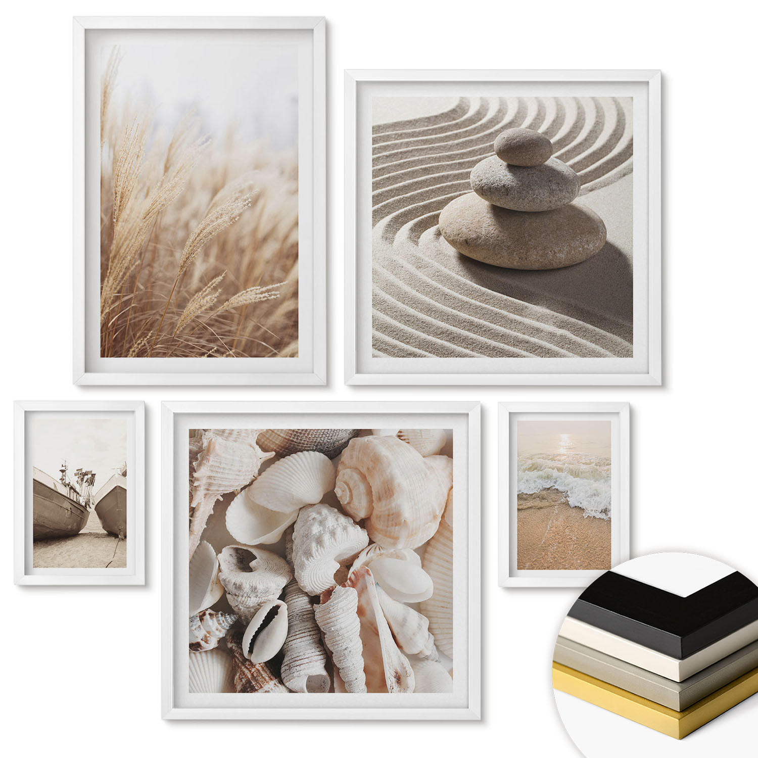 WANDBILDER 5er-Set - 50x50 cm & 20x30 cm & 40x60 cm Weißer Rahmen - Wolkenmeer, Traumfänger, Gras - Weiß, Kunststoff (40/60cm) - ArtPrintCave