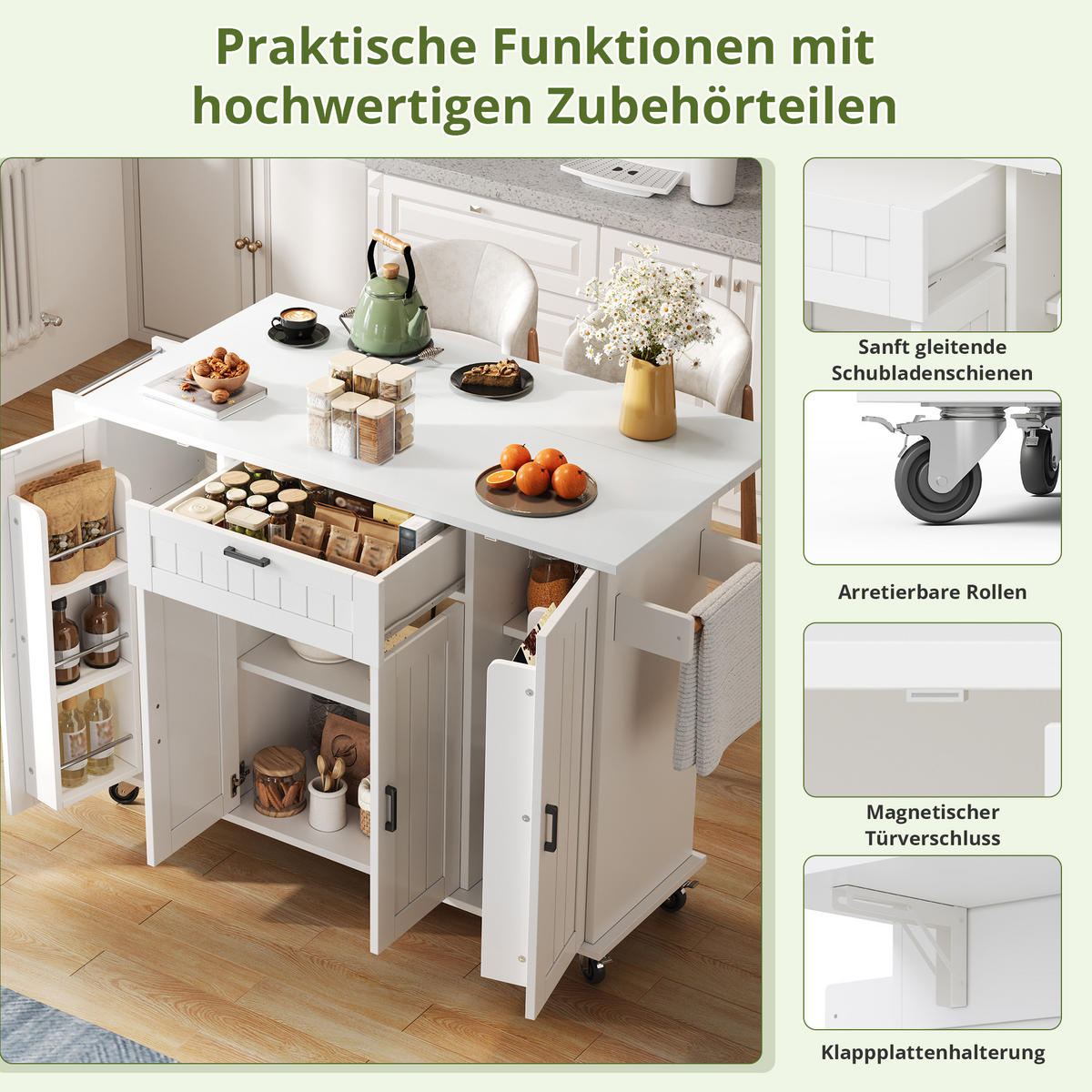 KÜCHENINSEL 120/45(70)/95 cm weiß mit klappbarer Platte - Weiß, Holzwerkstoff (120/95/70cm) - OKWISH