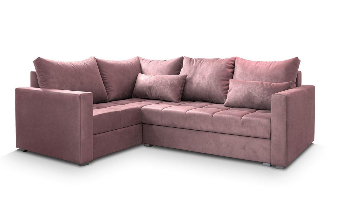ECKSOFA LIRENO L-S Rosa Plüsch-Stoff mit Schlaffunktion - Rosa, Holz (220/153cm) - MASSENO
