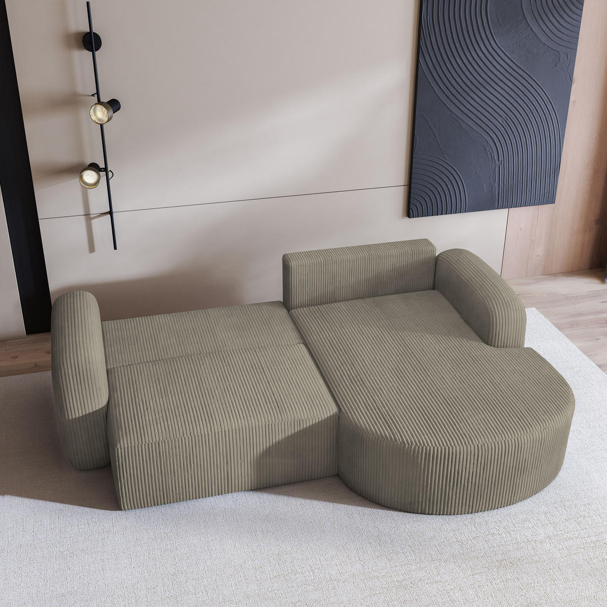 ECKSOFA AMILIA P R-S Beige Kordstoff mit Schlaffunktion - Beige, Holz (263/174cm) - MASSENO