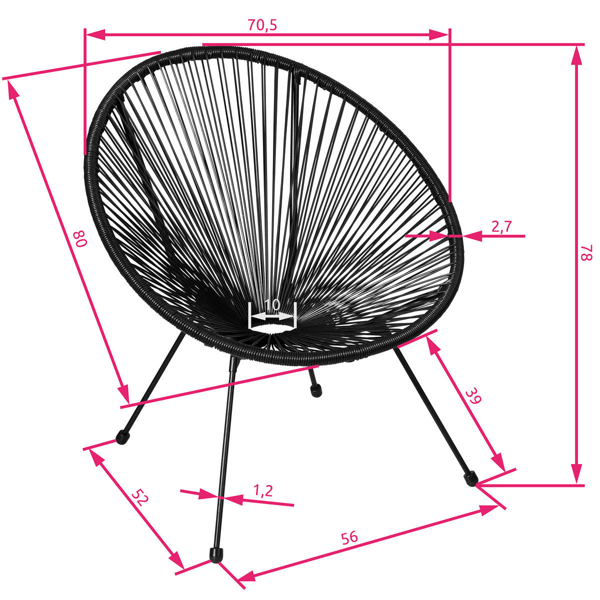 GARTENSTUHL 2er Set Santana,Belastbarkeit 120 kg, 70,5 x 69 x 78 cm,schwarz - Schwarz, Metall (70.5/78/69cm) - tectake