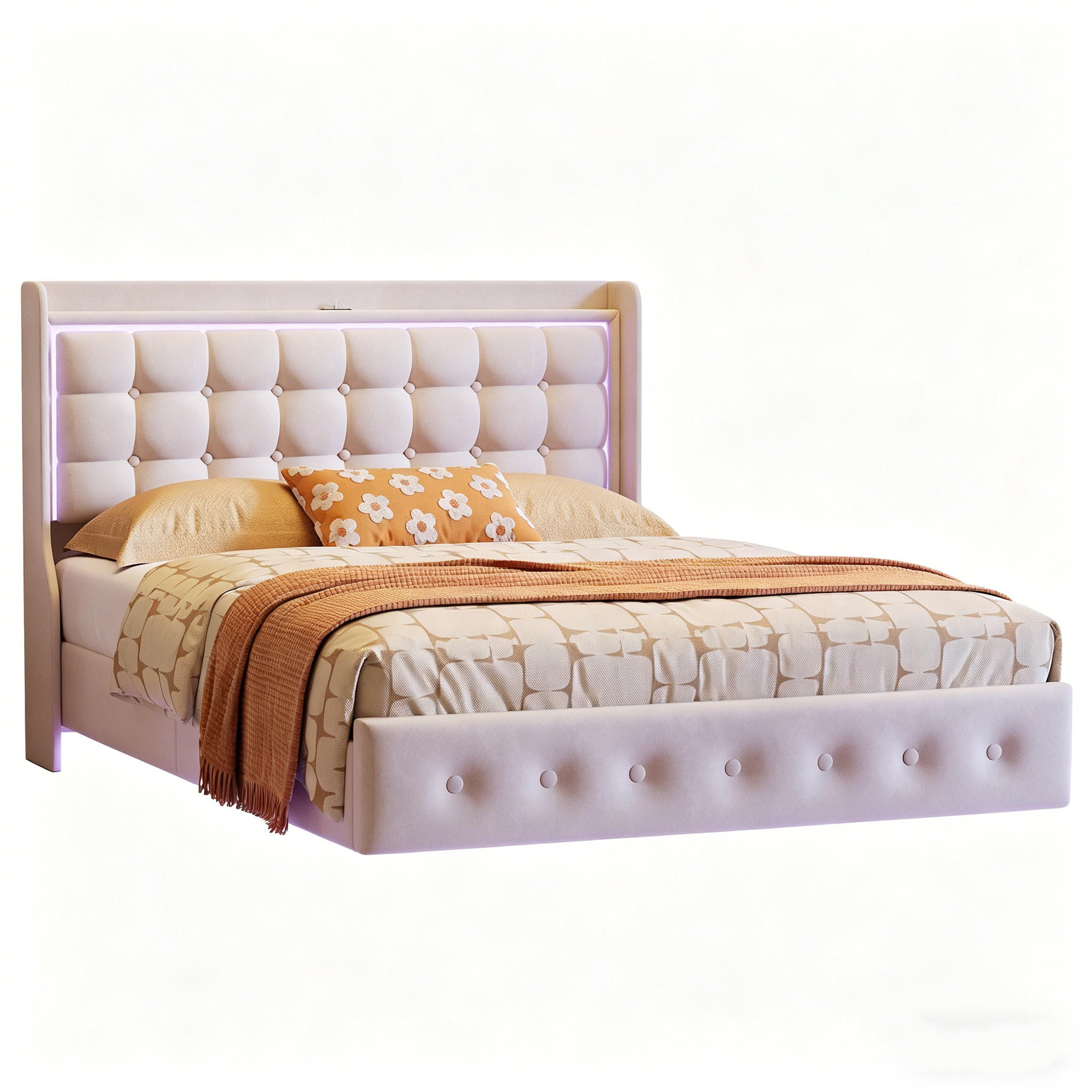 POLSTERBETT,DOPPELBETT mit LED, USB und Lattenrost,Schwebebett Design Samt,160x200 cm - Beige, Holz (160/200cm) - PARAFTA HOME