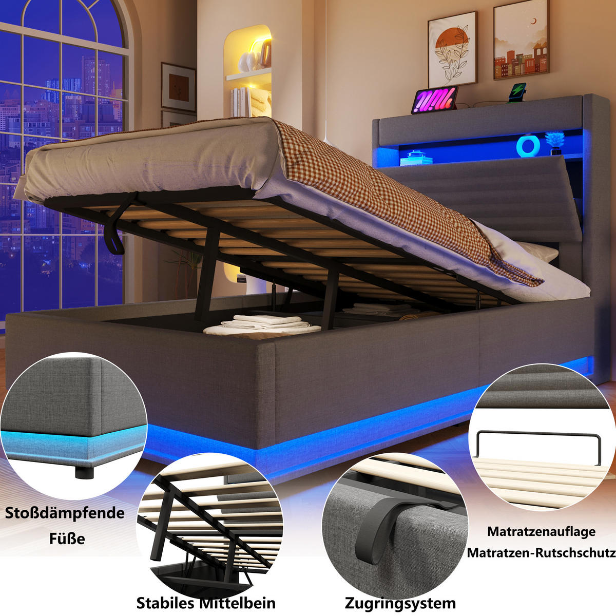 POLSTERBETT 90/200 cm Grau mit USB-Typ-C-Anschluss, LED-Beleuchtung und Ablagefach - Grau, Textil (90/200cm) - Oxeza