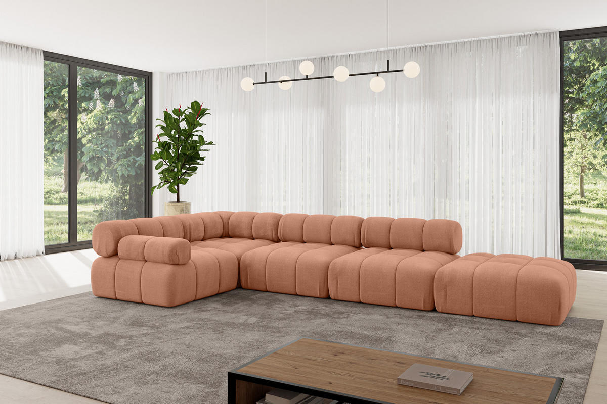 ECKSOFA modulares Sofa Felto-L2 - 380x190x70 cm Apricot Velours - Koralle, Holzwerkstoff/Textil (380/190cm) - ALTDECOR