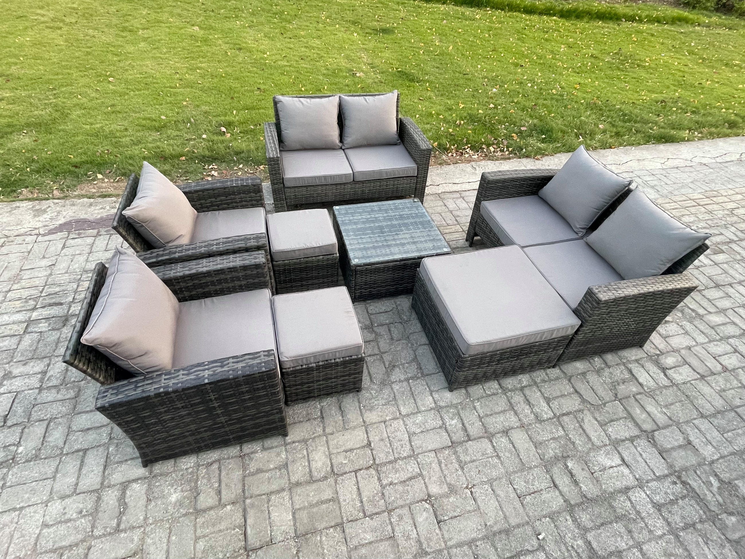 GARTENGARNITUR Polyrattan Dunkelgrau 9-Sitzer - Dunkelgrau, Metall - Fimous