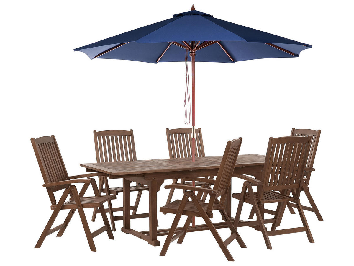 GARTENMÖBEL SET 6-Sitzer mit Sonnenschirm blau Akazienholz dunkelbraun Amantea - Blau/Dunkelbraun, Holz - Beliani