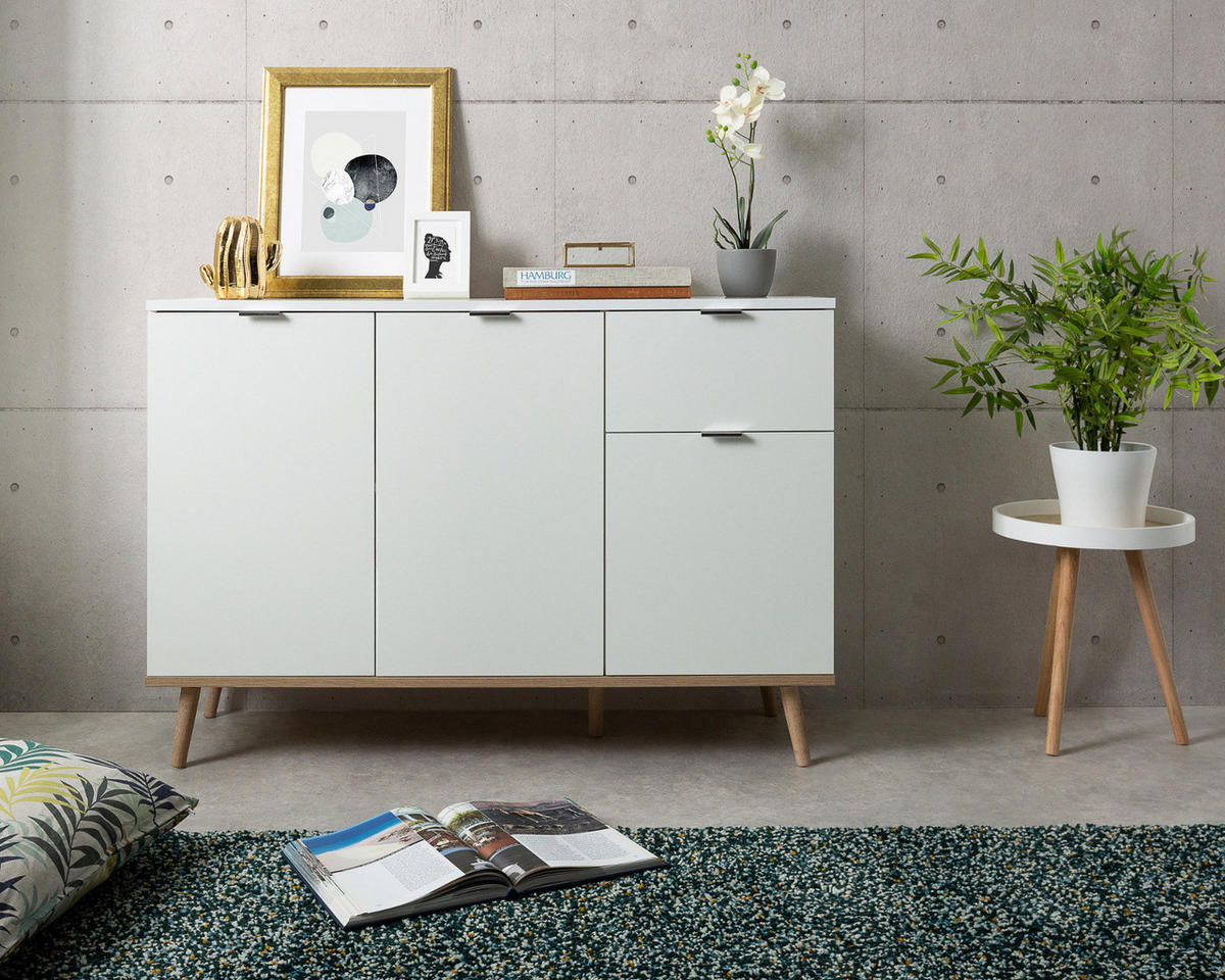 KOMMODE weiß matt, Eiche Sonoma massiv 120 cm, Sideboard 3-türig - Chromfarben/Eichefarben, Holz/Holzwerkstoff (120/85/40cm) - Furn.Design
