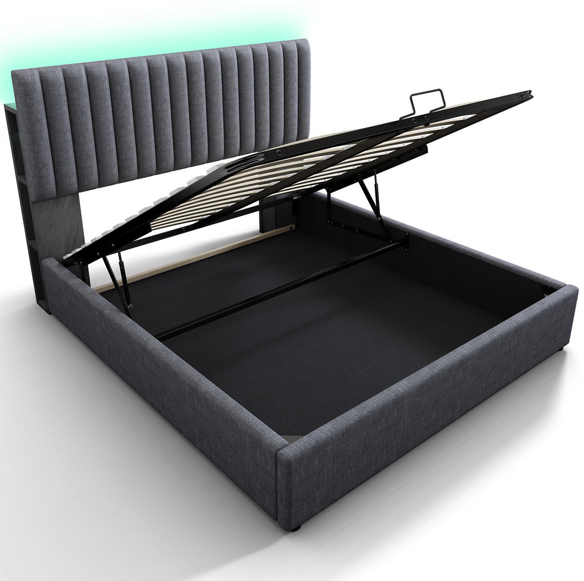 TAPECIRANI krevet 140/200 cm sivi od lana s LED uzglavljem, USB Type-C i spremištem - siva, tekstil (140/200cm) - OKWISH