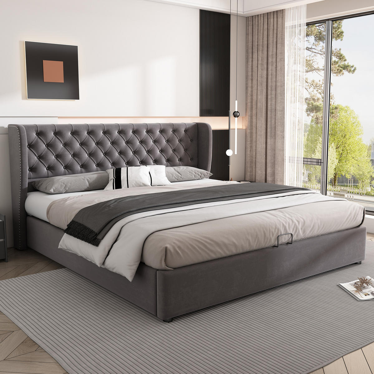 ČALOUNĚNÁ postel 180/200 cm šedá ze sametu s úložným prostorem a roštem - šedá, textil (180/200cm) - OKWISH