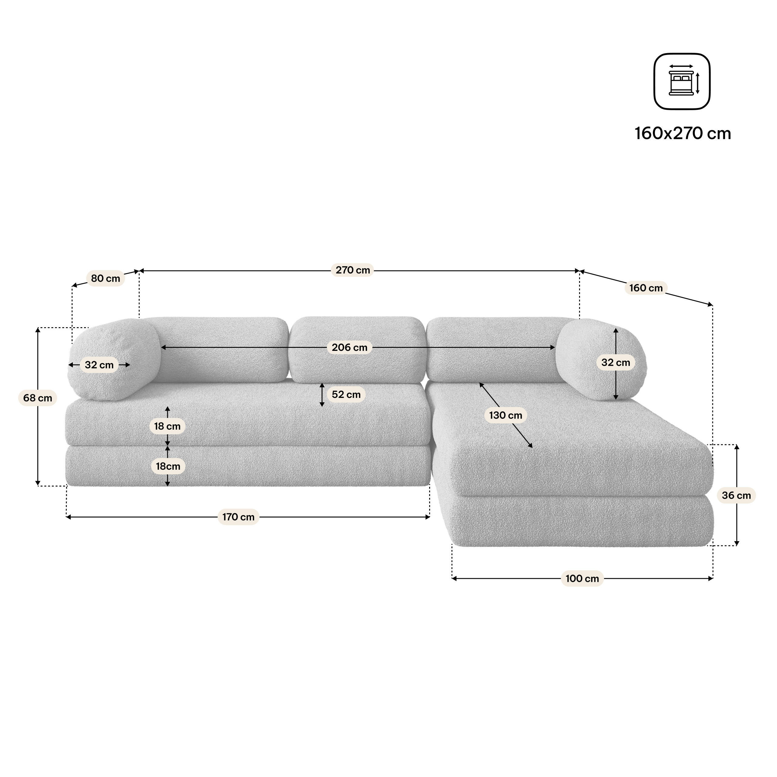 Masseno Ecksofa Creme 270x160 cm